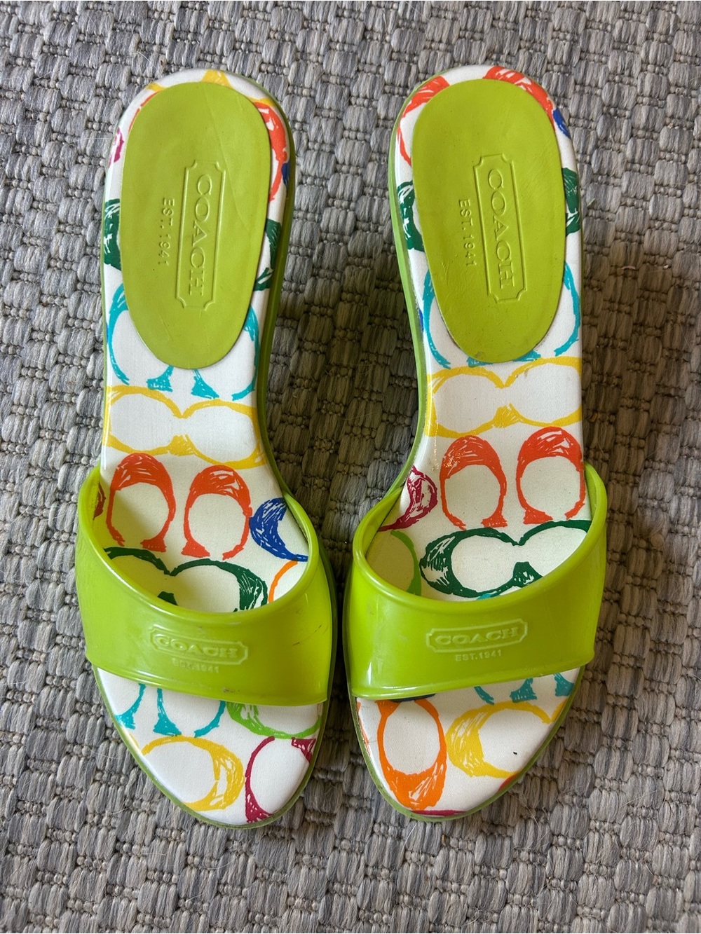 Coach Lime Green Slide Mules with Multicolor Signature Ring Print